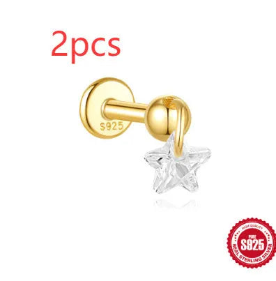 S925 sterling silver geometric moon and star earrings with diamond accents in gold-plated finish