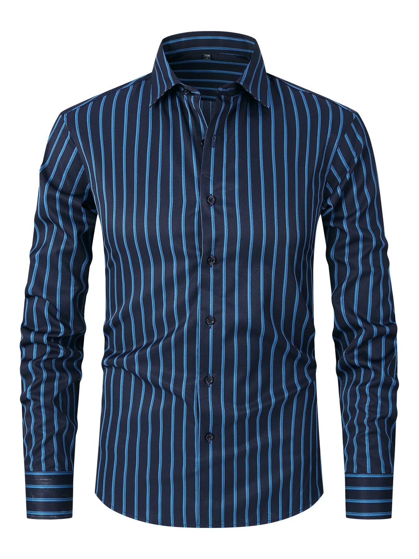 Men's striped long sleeve business shirt in polyester blend fabric with slim fit cardigan styling
