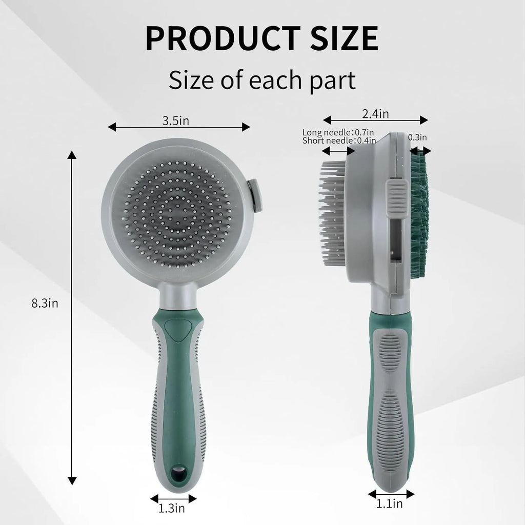 Two-sided silicone cat brush with green handle, showing slicker brush and massage sides