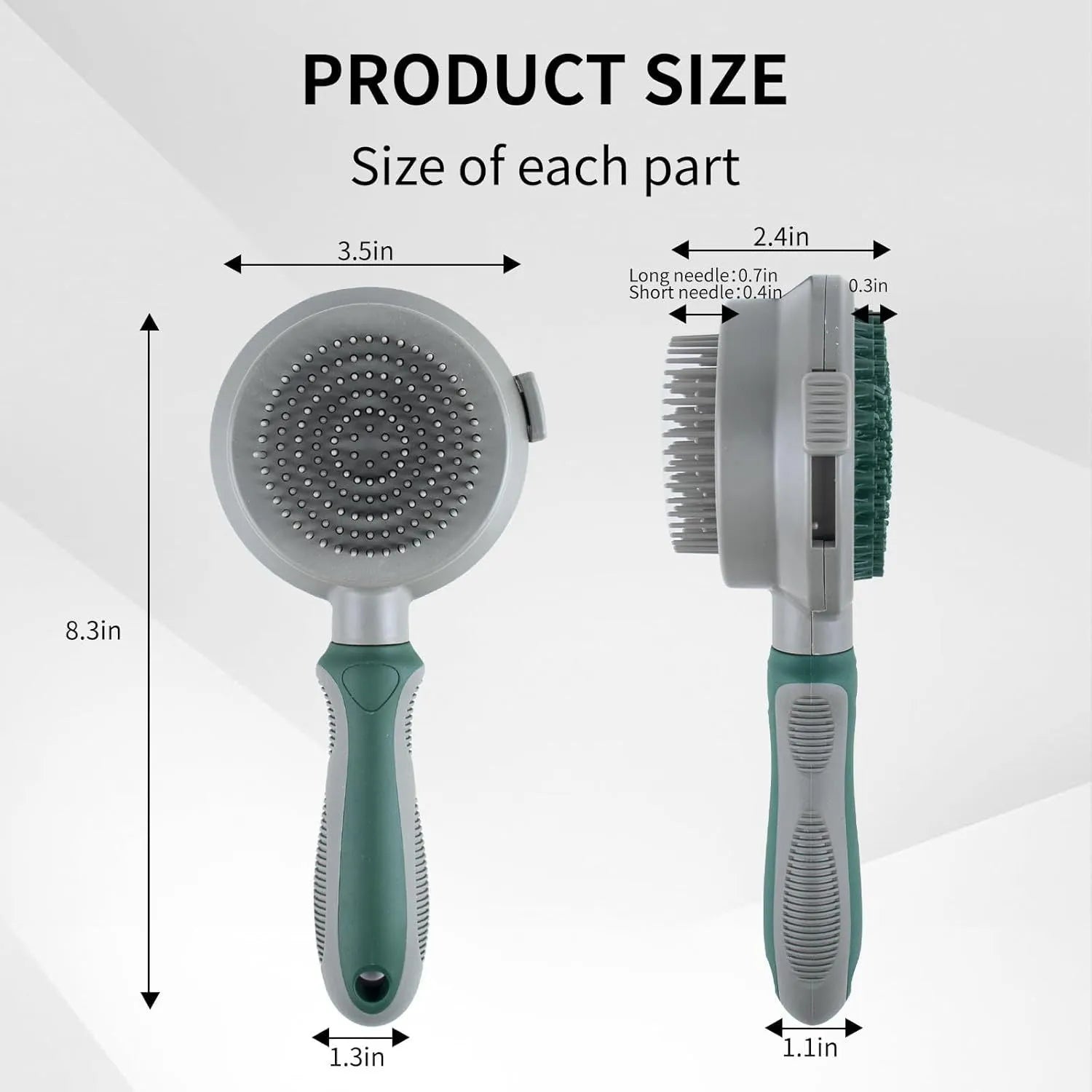 Two-sided silicone cat brush with green handle, showing slicker brush and massage sides