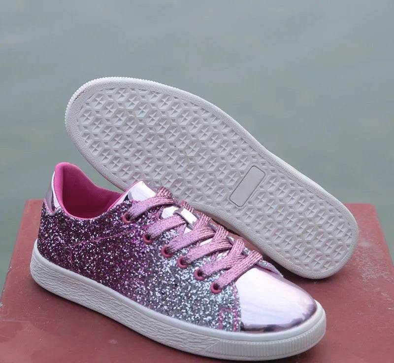 Women's colourful sequins casual low-top shoes with PU upper, leather lining, round toe, front lace-up, black gold pink options, sizes 36-41