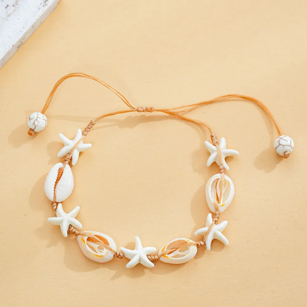 Hand-woven starfish shell bracelet in beige cord, unisex DIY style