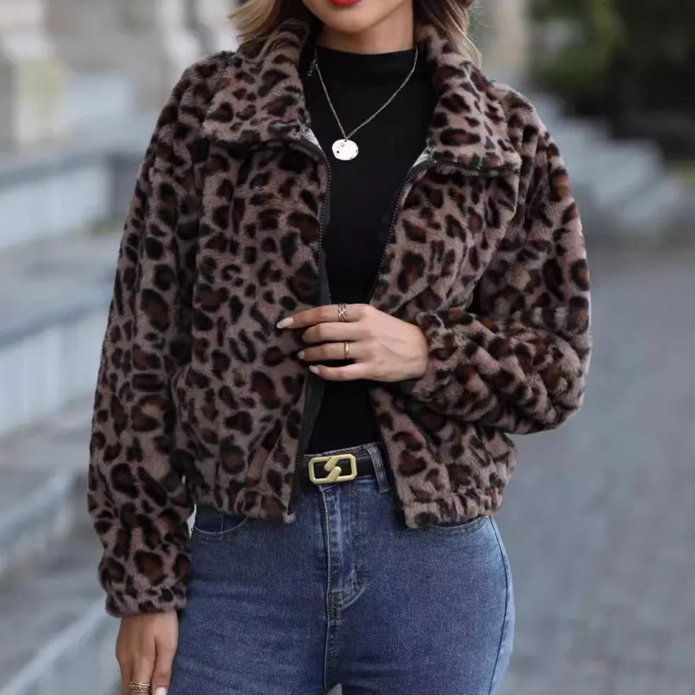 Women's leopard print plush coat with zipper front and loose fit styling
