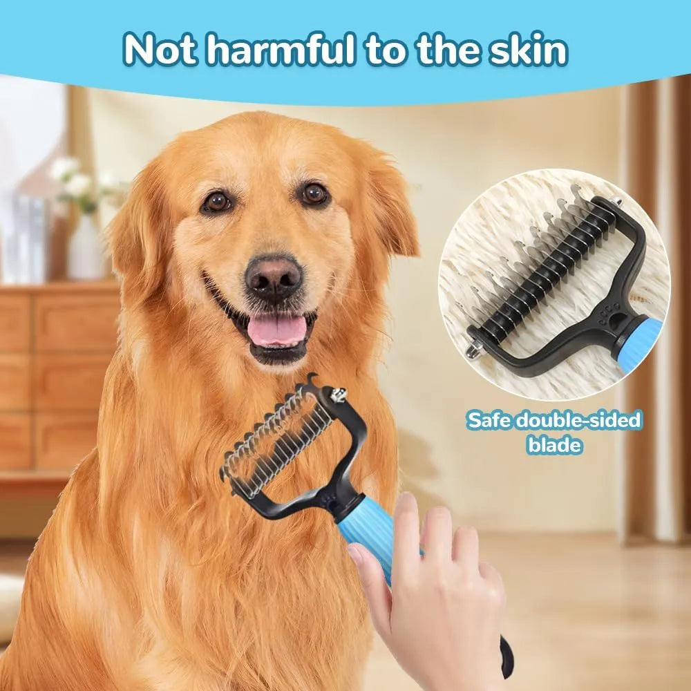 Pet dematting comb with double-sided stainless steel teeth in blue colour