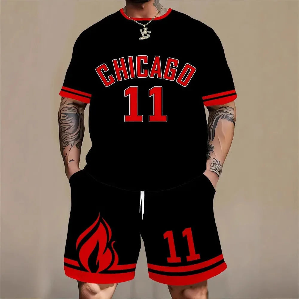 Men's 3D printed suit set with personality letter design on short sleeve top and matching shorts