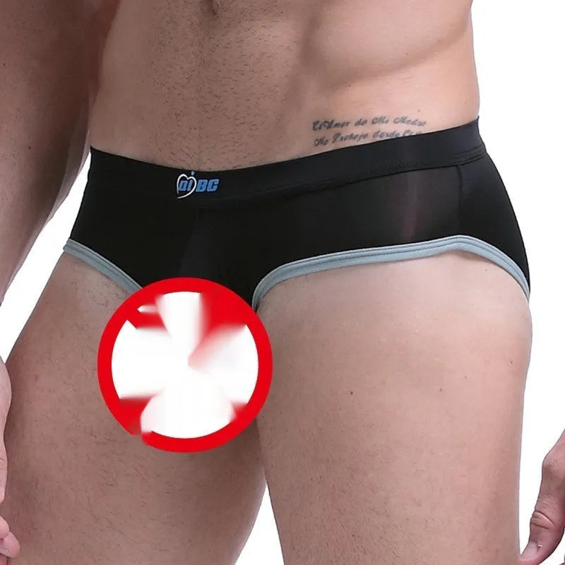 Men's army green ice silk bazooka briefs showing bullet separation and mid waist design