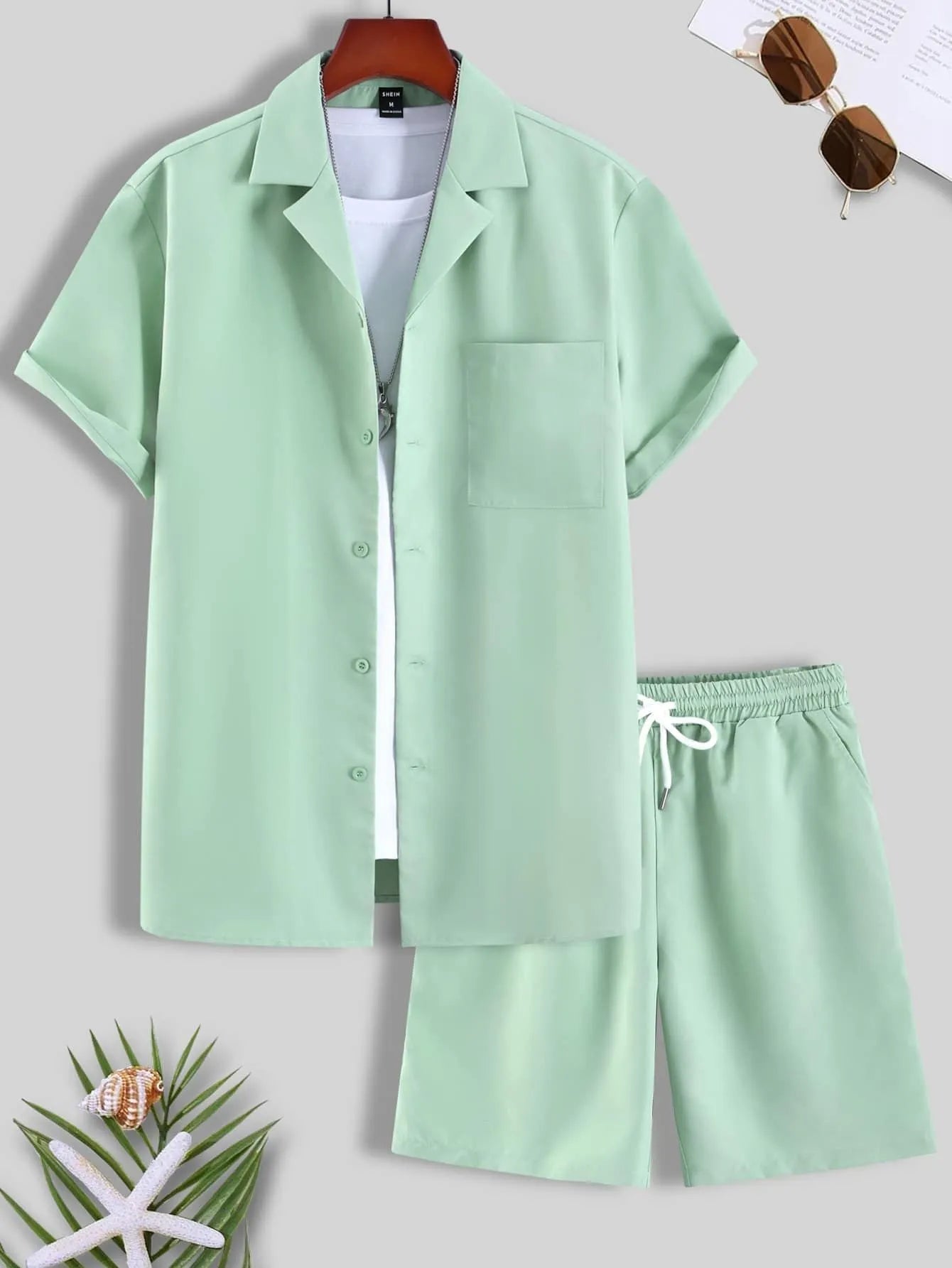 Men's Cuban collar sport suit with short sleeve top and matching shorts in lightweight polyester fabric