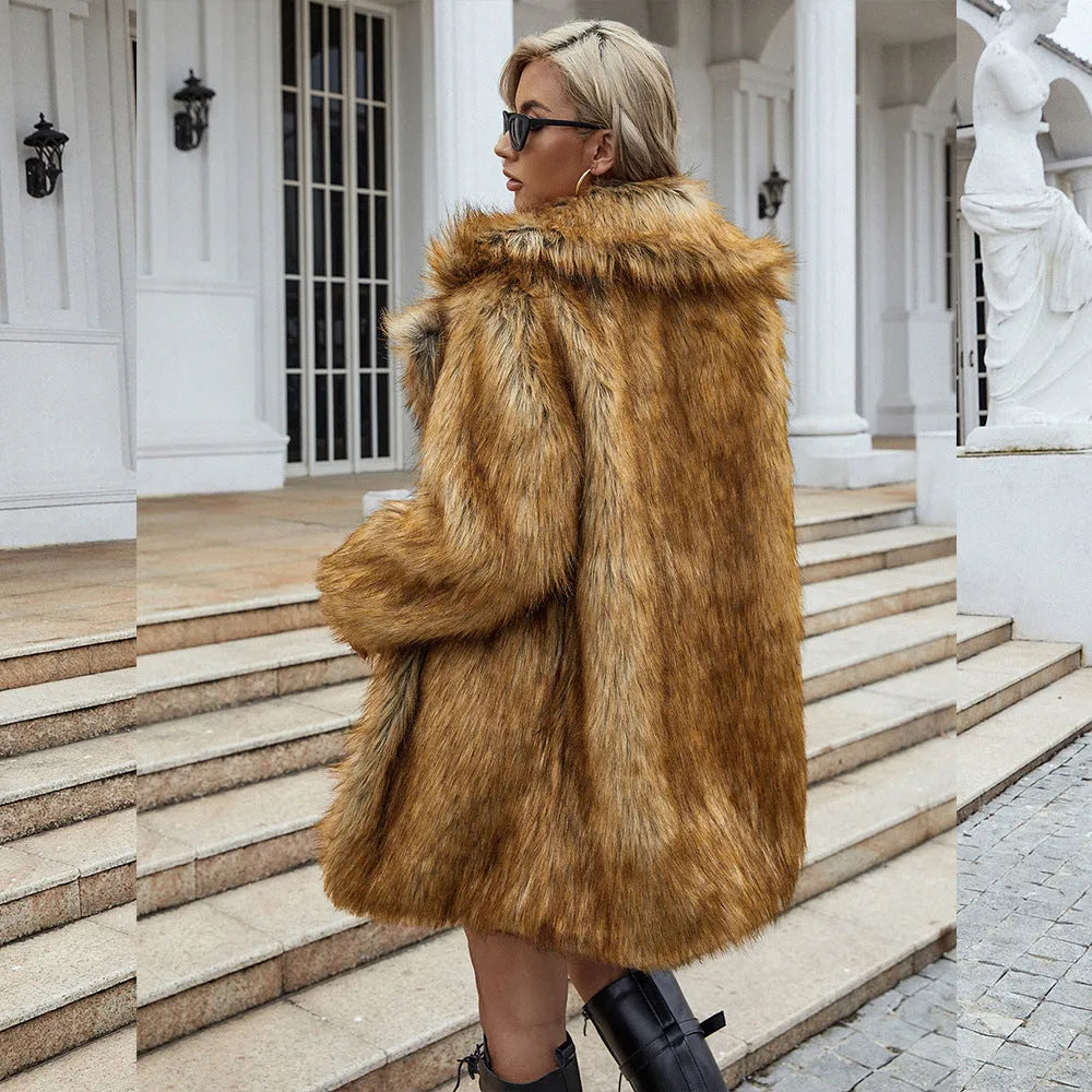Yellow women's faux fur coat with loose fit and regular sleeves