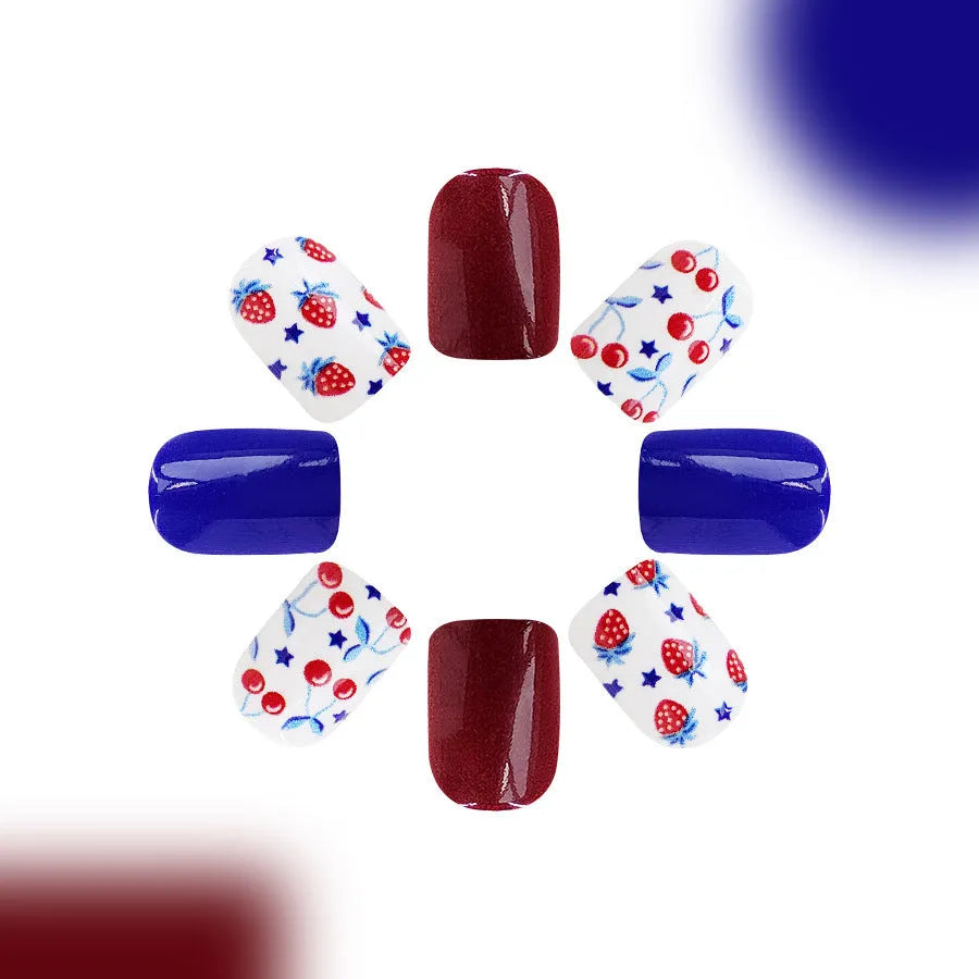 Short glossy red and blue nail stickers with strawberry and cherry patterns for Independence Day