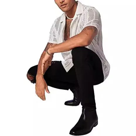Men's black and white jacquard knitted short-sleeved cardigan shirt with button front