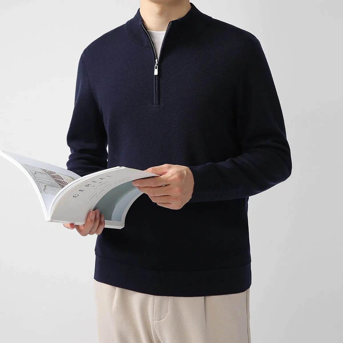 Men's merino wool zip stand collar sweater in regular fit, long sleeves, available in multiple colours
