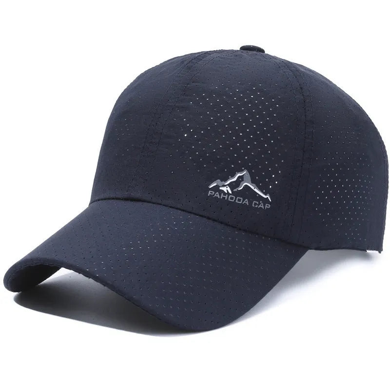 Adjustable polyester baseball cap in Army Green colour with breathable hollow design on a white background.