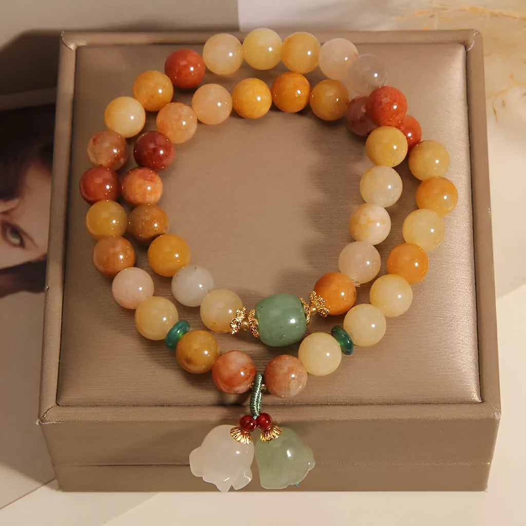 Natural jade multi-layer bracelet with orchid pendant charm and adjustable closure