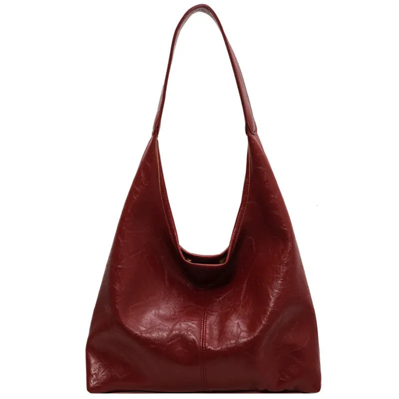 Casual soft leather shoulder bag with large capacity and sandwich pocket in street trend style