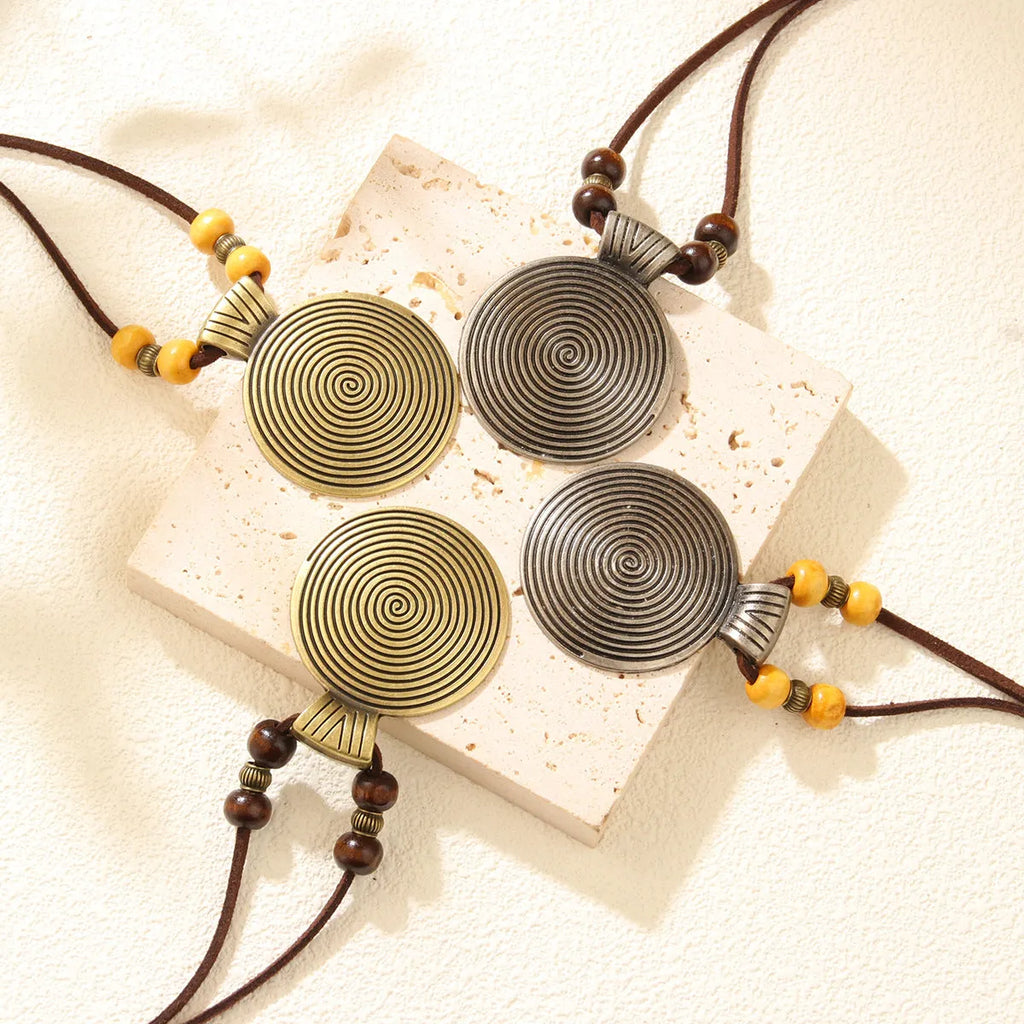 Alloy cowhide string ethnic pendant necklace with geometric auspicious pattern, 20CM drop, unisex Chinese style, bronze coffee beads