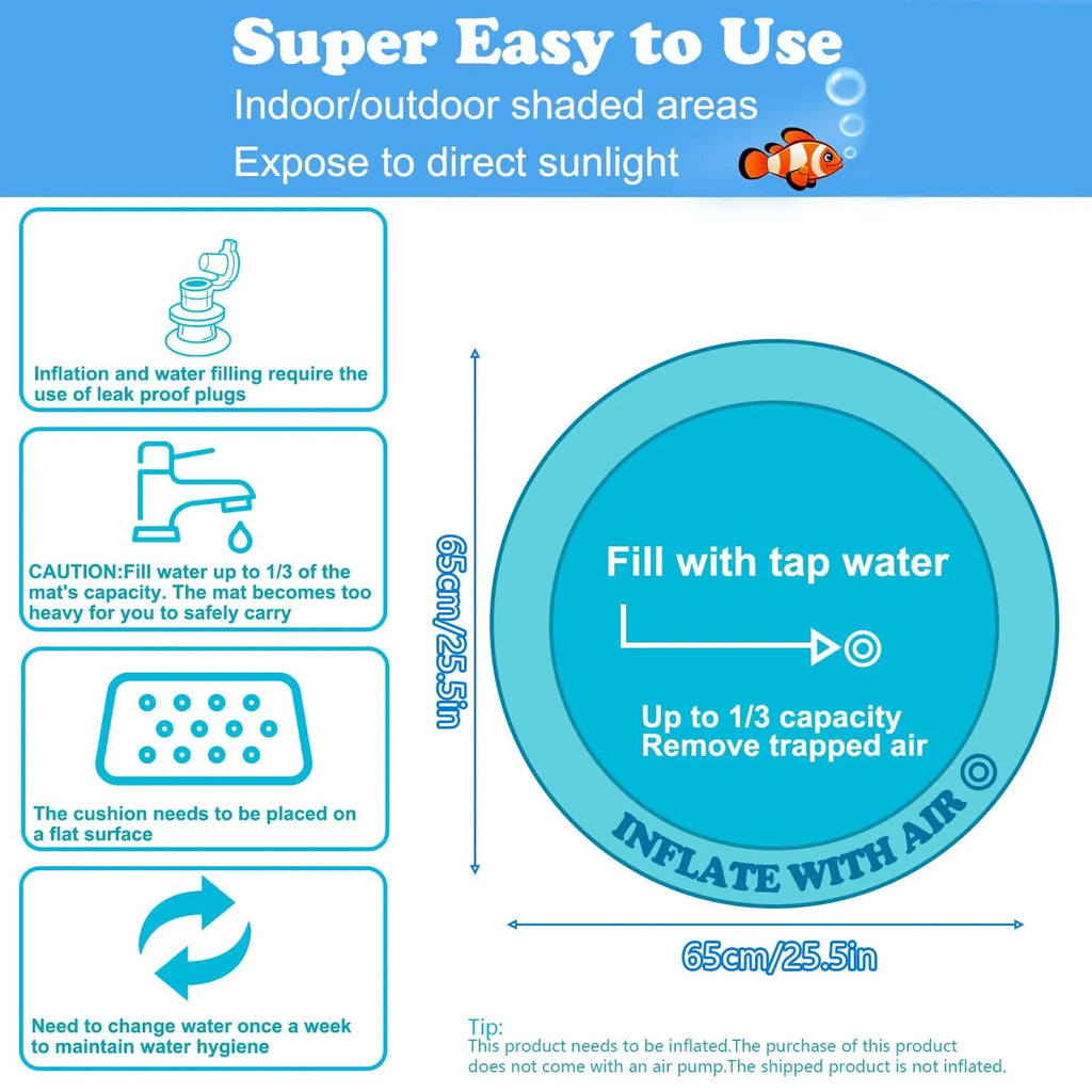 95cm square pet water playmat with floating fish toys in clear PVC mat for cats and dogs