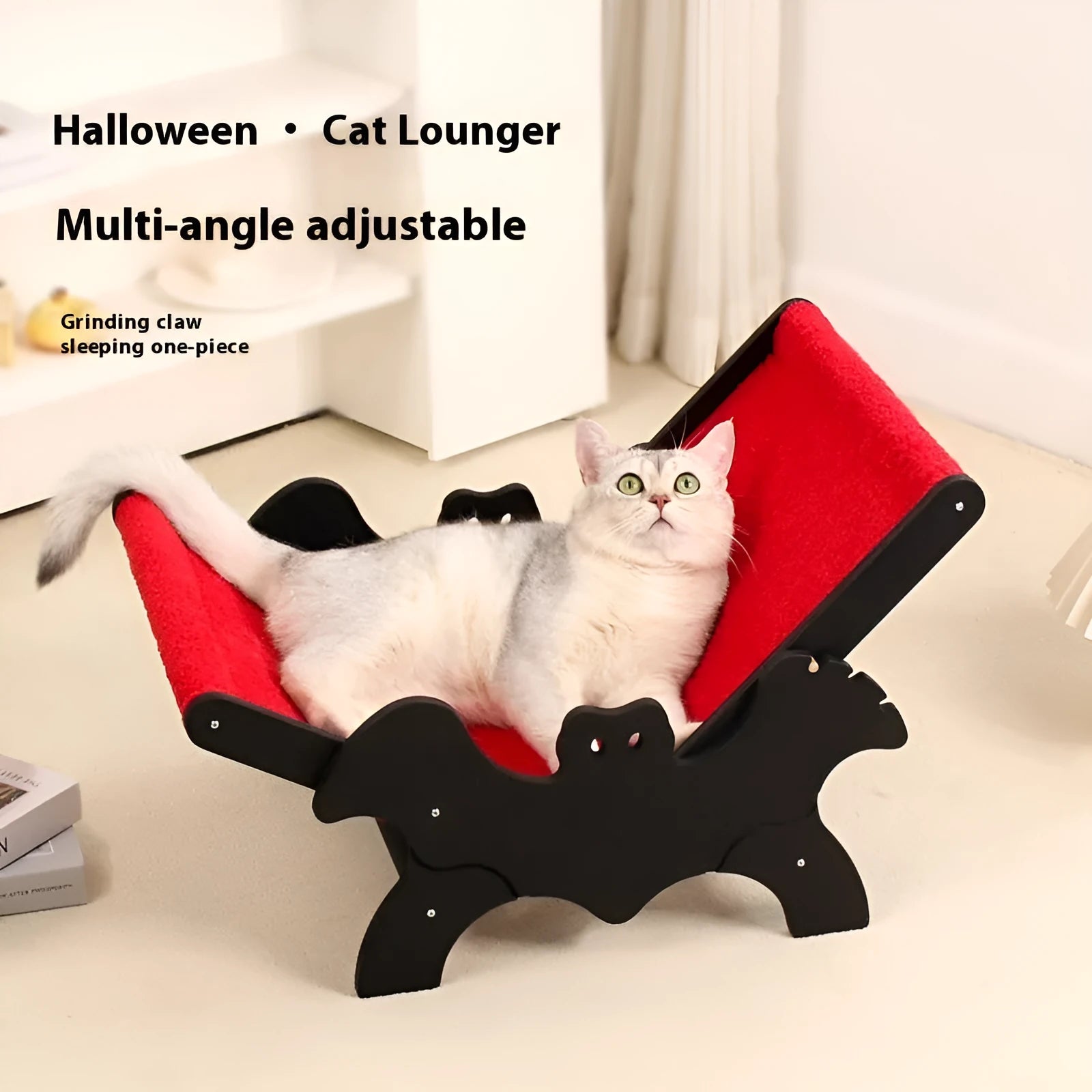 Wooden cat lounge chair with scratching posts and cage enclosure featuring a Halloween bat design in black and red.