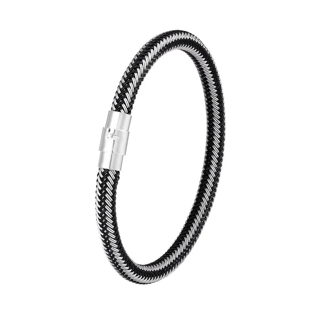 Men's titanium steel geometric wire bracelet with a magnetic clasp, shown in a silver finish.