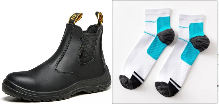 Black leather high-top safety boots with anti-piercing protection for workplace use