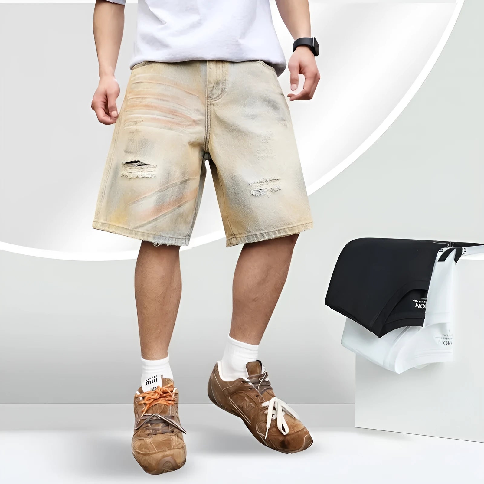 Light blue men's denim shorts with ripped details and a straight-leg cut on a mid-rise waist.