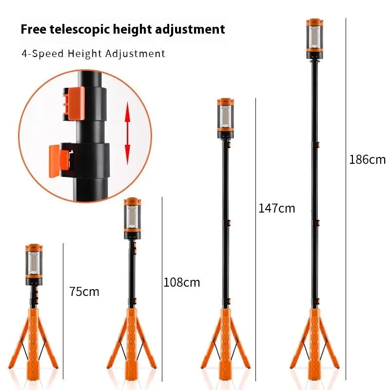 Retractable folding charging camping lantern with bracket in black and orange colour for outdoor lighting