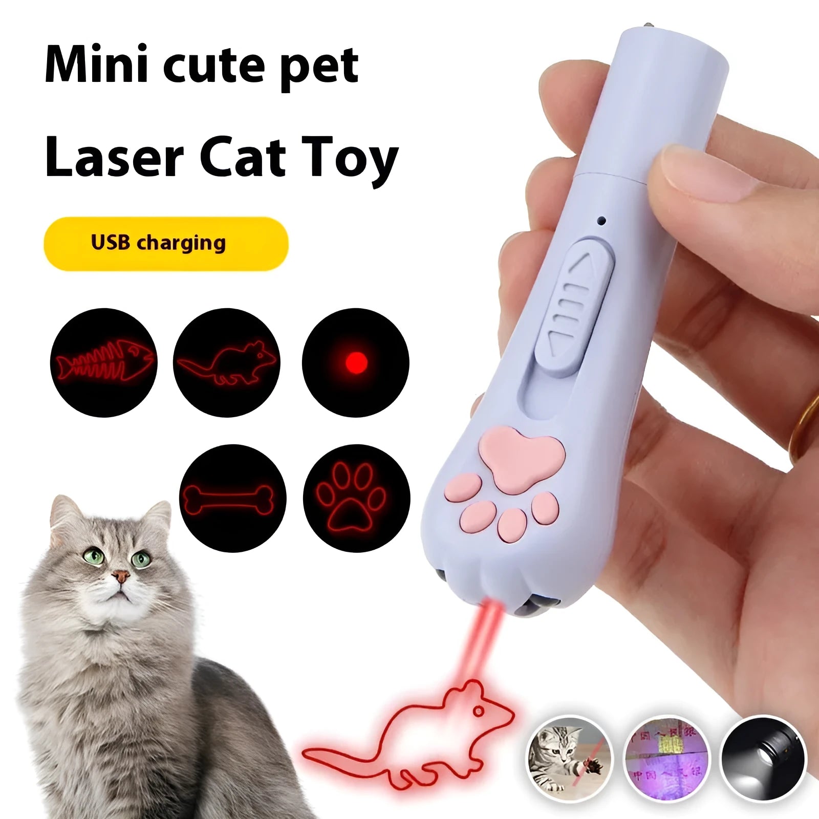Plastic cat teasing stick with laser functions and moonlight lamp in blue colour option