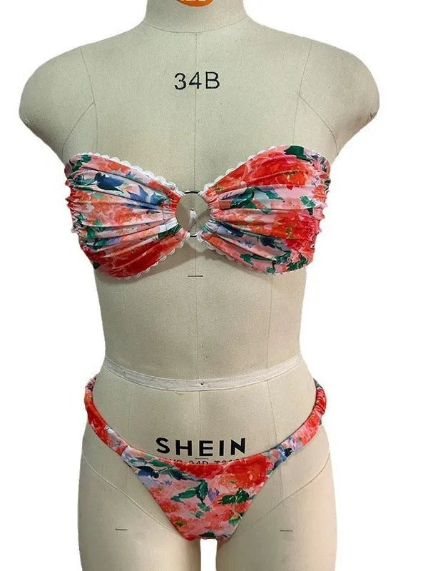 Floral print lace trim bikini set in blue colour, European style swimwear