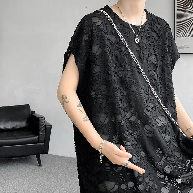 Black ripped beggar sleeveless wide shoulder vest, loose fit, polyester fibre, Japanese retro style