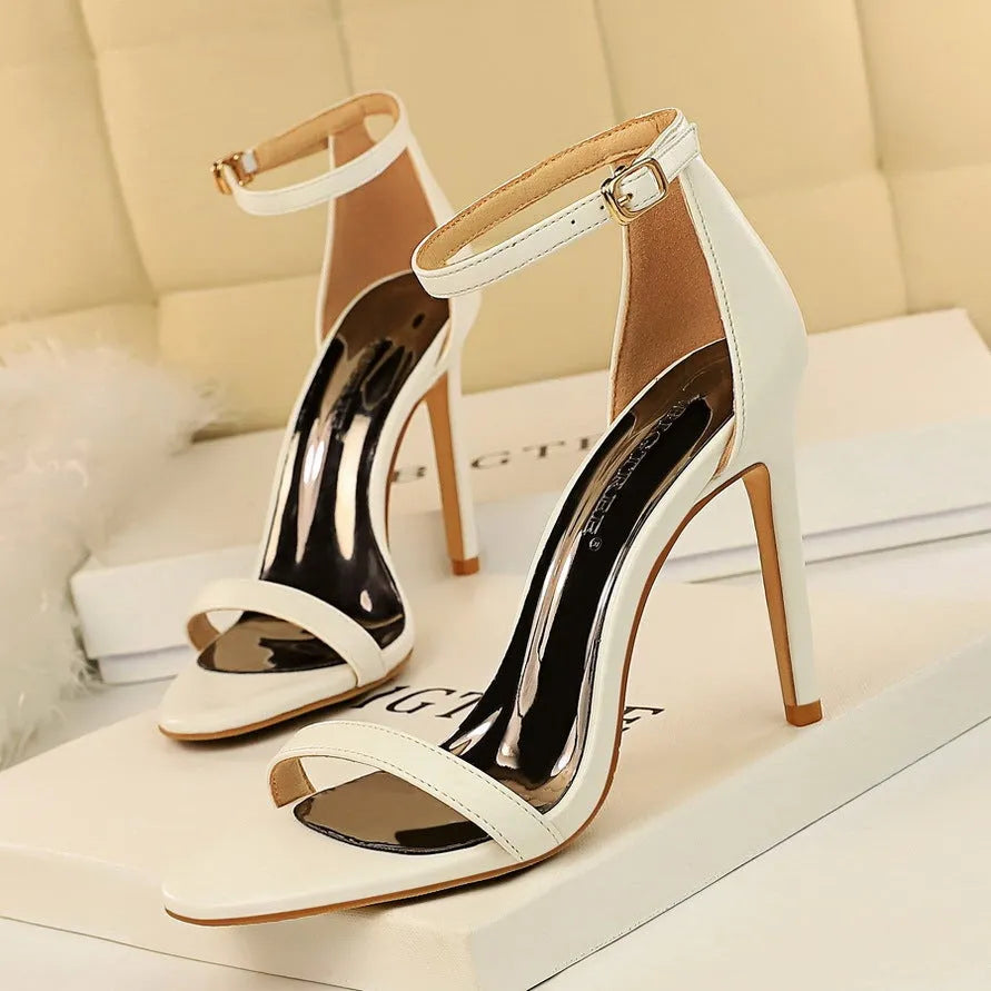 Open toe ankle-strap high heels in European style available in six colours