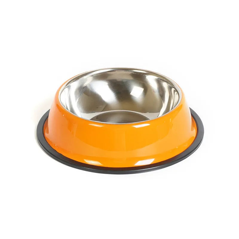 Stainless steel pet bowl with colourful melamine outer pot showing non-slip rubber base
