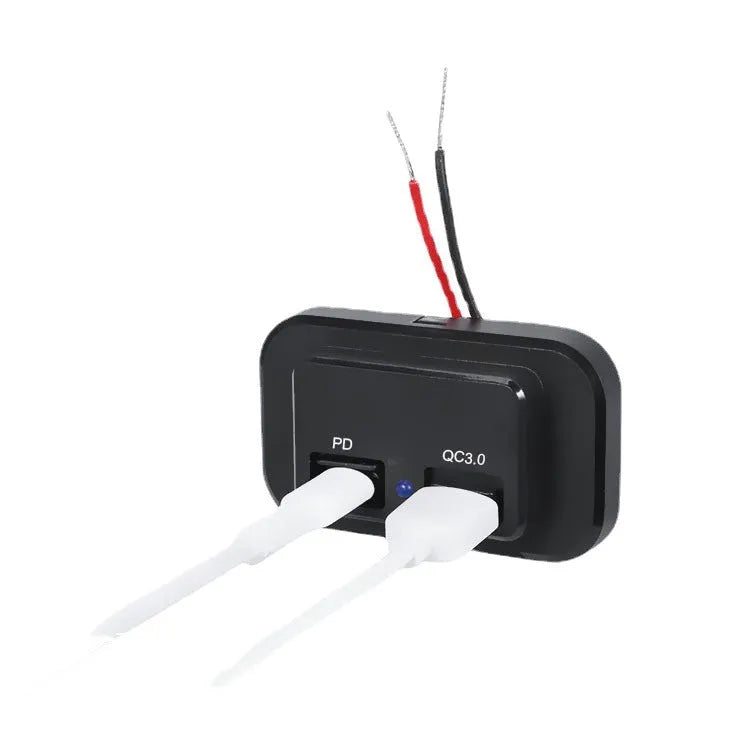Black QC3.0 and USB-C PD fast car charger with 36W output for vehicle use.