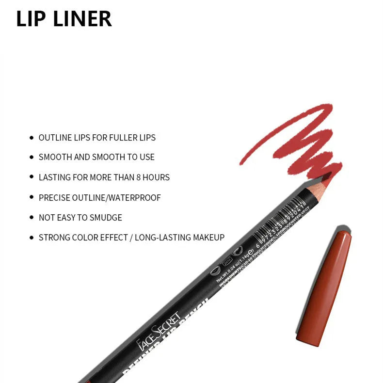 Matte finish lip liner pencil in wood casing with colour options 201 to 214 for 24-hour wear