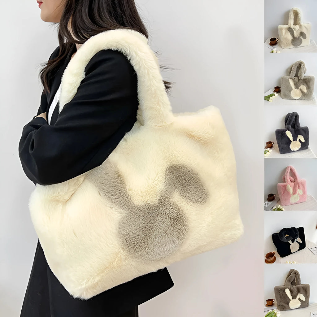 Plush shoulder bag with cartoon rabbit ears design in six colour options