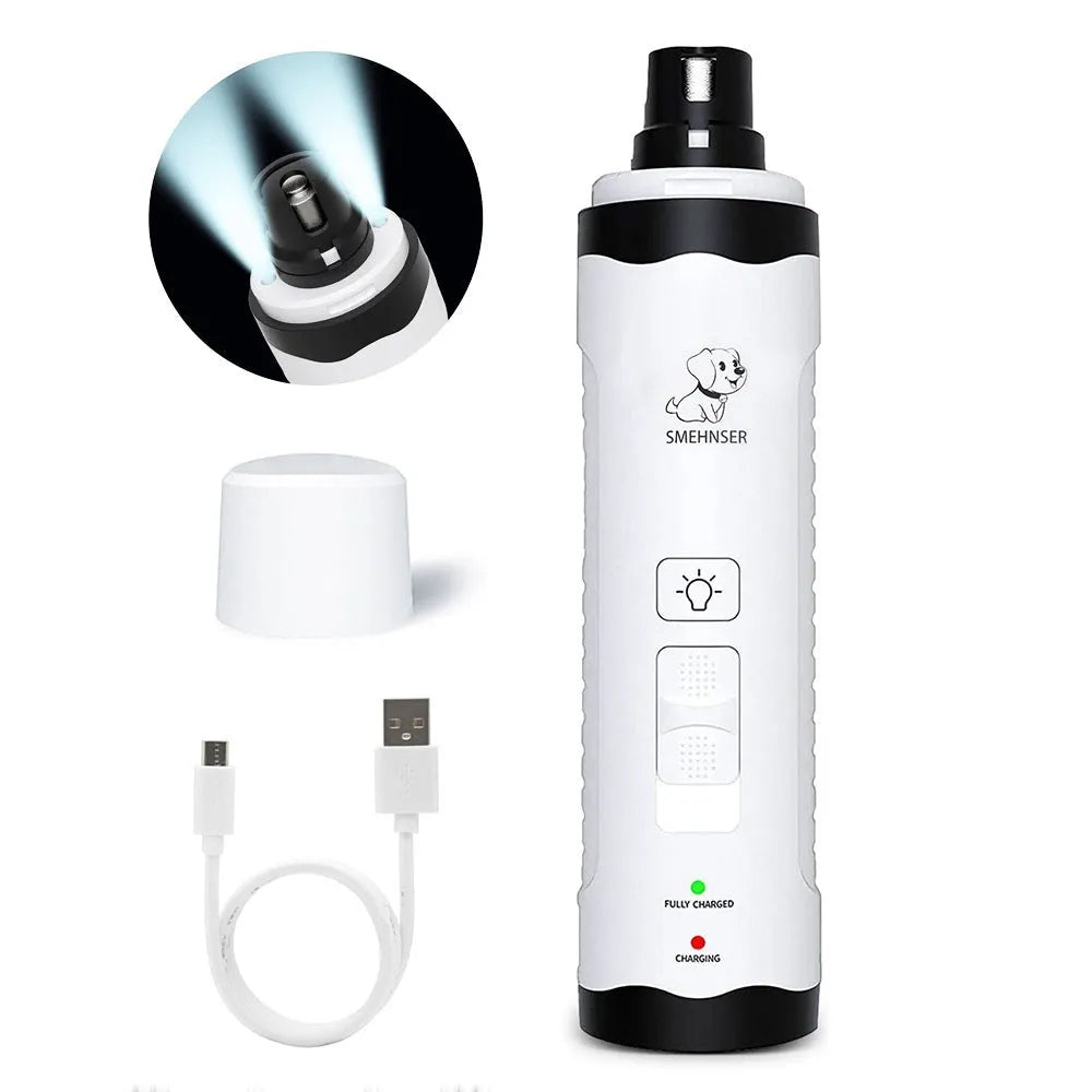 White and grey electric dog nail grinder with LED display showing speed settings and dust collection port