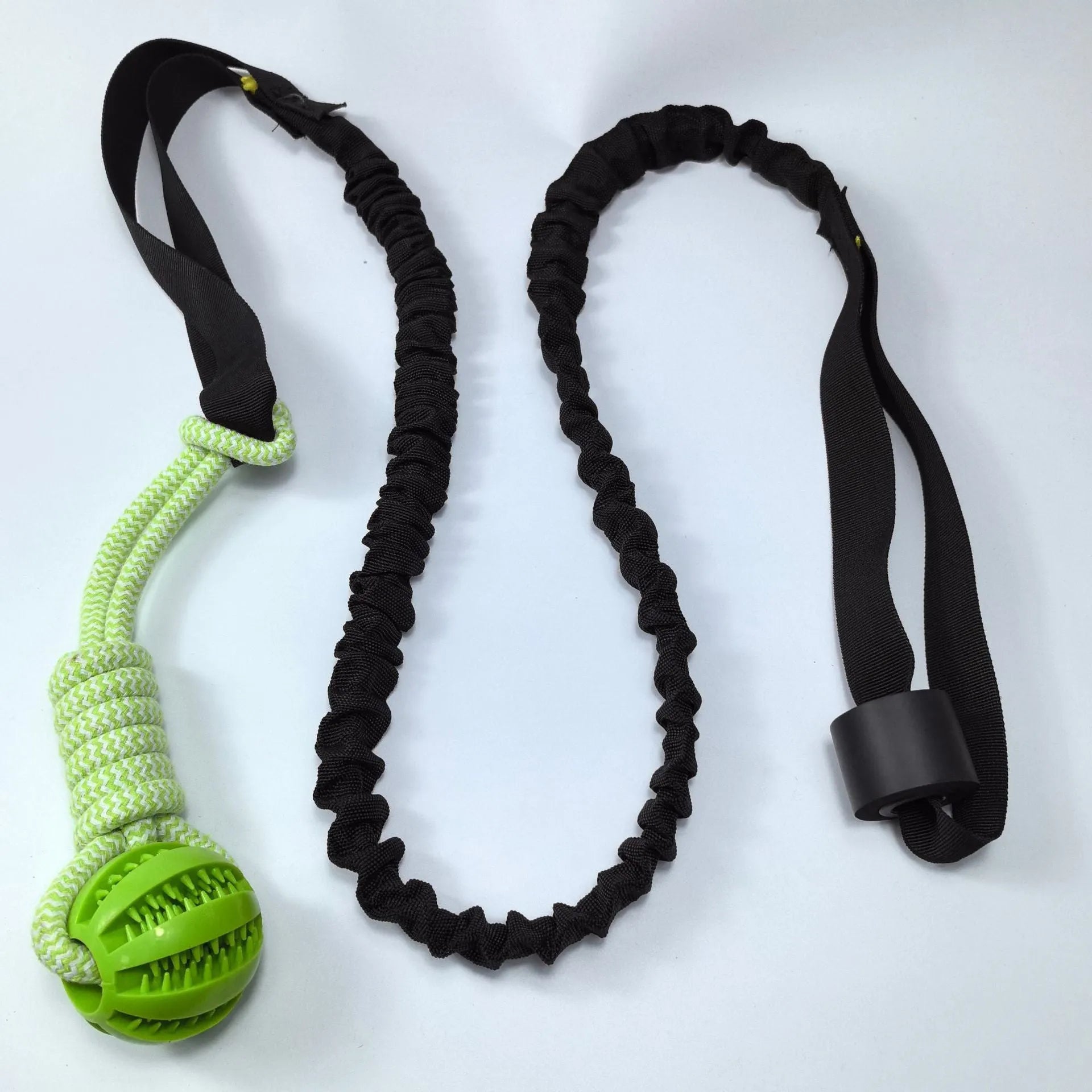 Green dog tug of war rope toy with cotton rope and a choice of corncob, teether ball, or handle draw attachments.