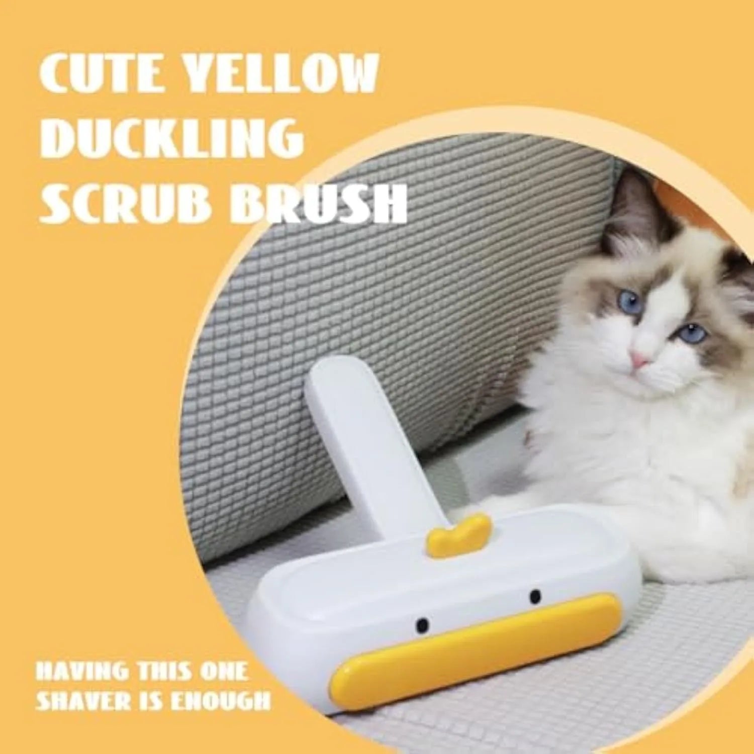 White portable pet hair remover roller with a yellow cartoon duck design on a table.