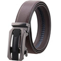 Men's automatic buckle belt in matte gun alloy finish with cowhide leather strap, black ribbon piece, 110-130cm