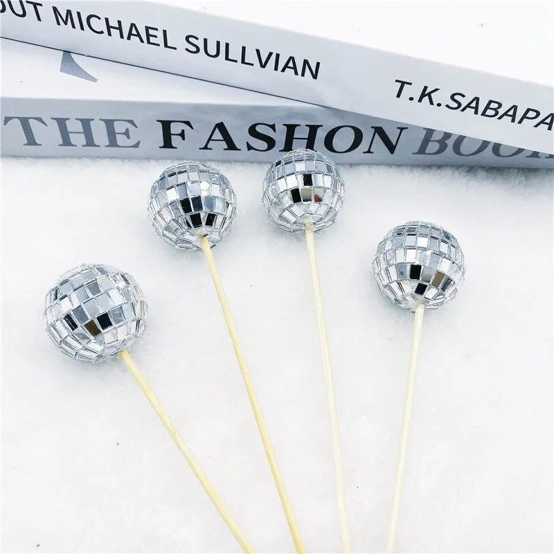 Glass disco ball cake decoration with wooden stick in multiple sizes for celebration cakes