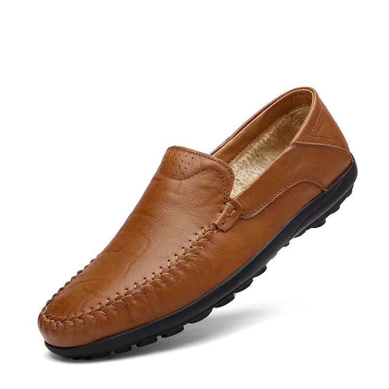 Men's brown leather business casual shoes with round toe and flat heel design