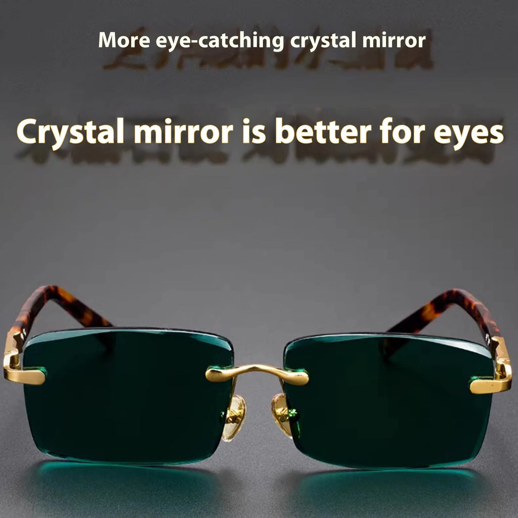 Dark green frameless sunglasses with a protective case and cleaning cloth.