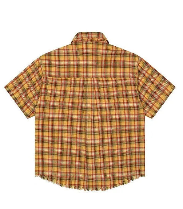 Yellow checked button-down shirt with embroidered pocket on chest