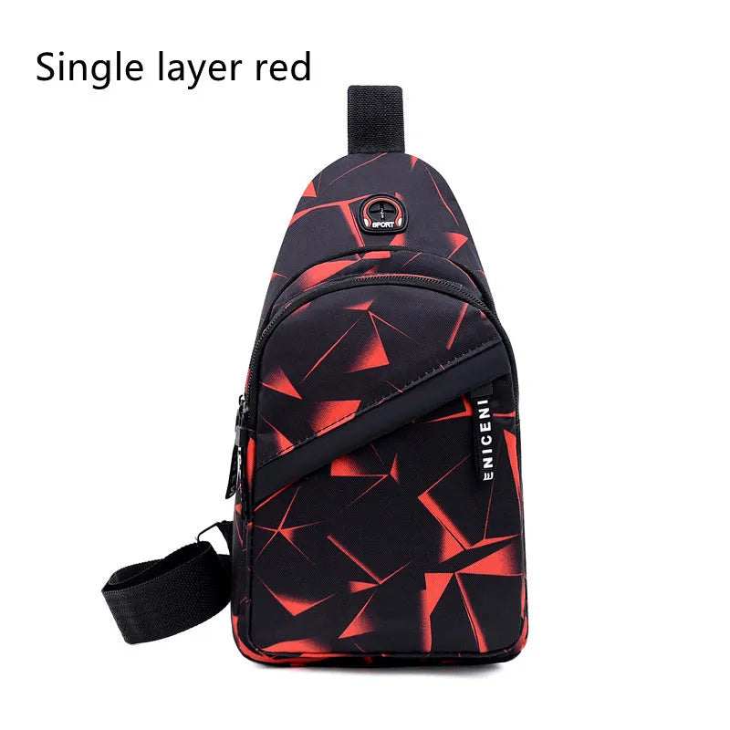 Blue Oxford cloth crossbody sling bag with earphone hole and zipper pocket.