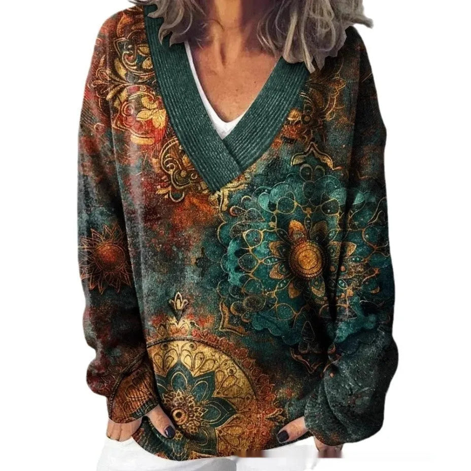 Women's art retro V-neck sweatshirt with a detailed 3D floral pattern print on long sleeves.