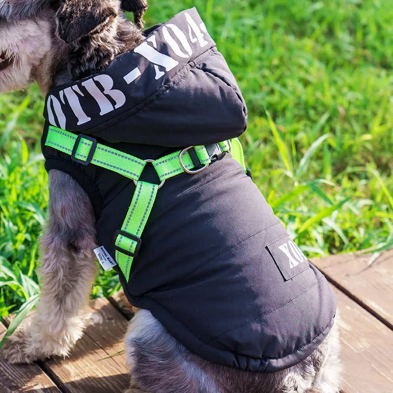 Fleece-lined waterproof dog jacket with hood in red, grey, blue or black colours