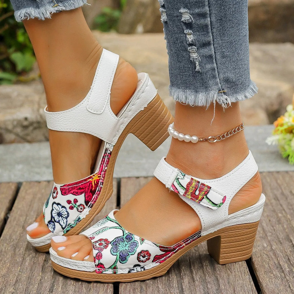 White women's high heel sandals with a visible Velcro strap buckle on a rubber sole.