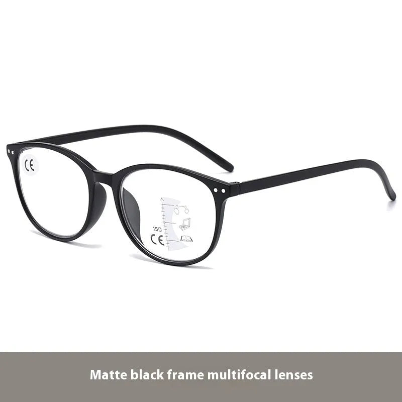 Woman wearing ultra-light multi-focus reading glasses in a Champagne Box frame colour, suitable for presbyopic vision correction.