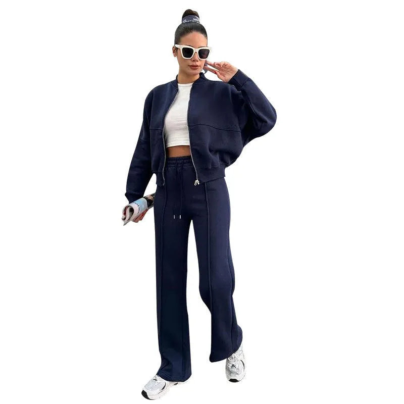 Women's fleece zipper cardigan and straight trousers suit in black, casual style with long sleeves