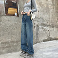 A pair of women's retro blue high-waisted straight-leg jeans laid flat, showcasing the classic five-pocket design.