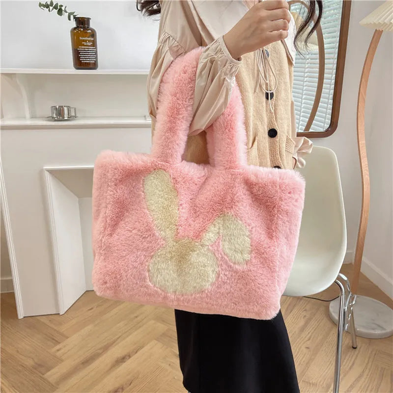 Plush shoulder bag with cartoon rabbit ears design in six colour options