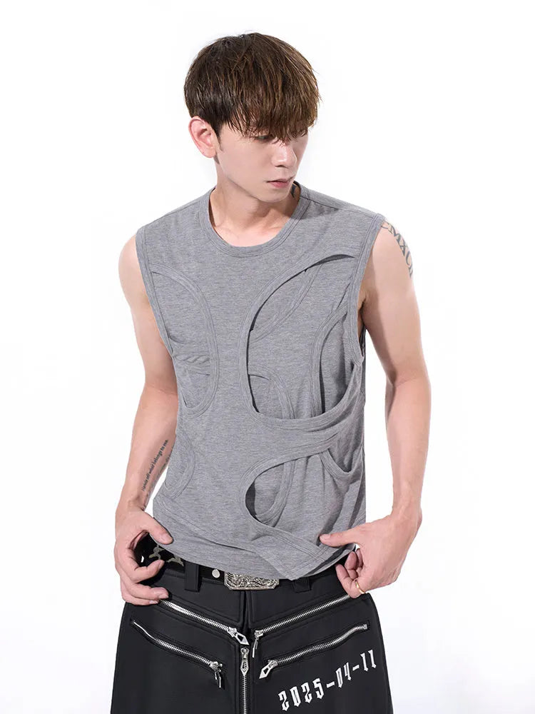 Men's solid colour lyocell vest in black, showing round neck and tank-top style on a hanger.